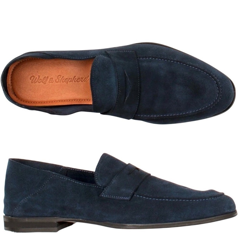 NWOB Wolf & Shepherd Men's Monaco‎ Soft Suede Loafer Collapsible Heel Blue Sz 12
